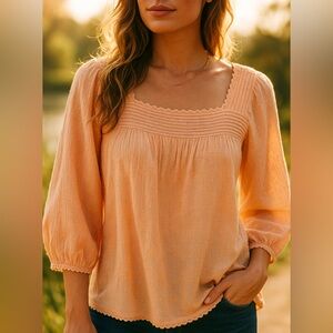 chico’s Apricot Lily NWT Peach Blouse Square neck Pleats Size 3 (XL)